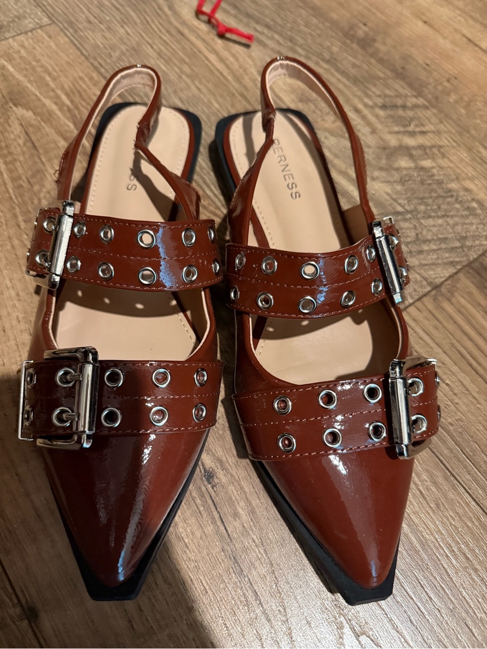 Pointed Slingback Flats with Buckled Eyelet Straps - Brown